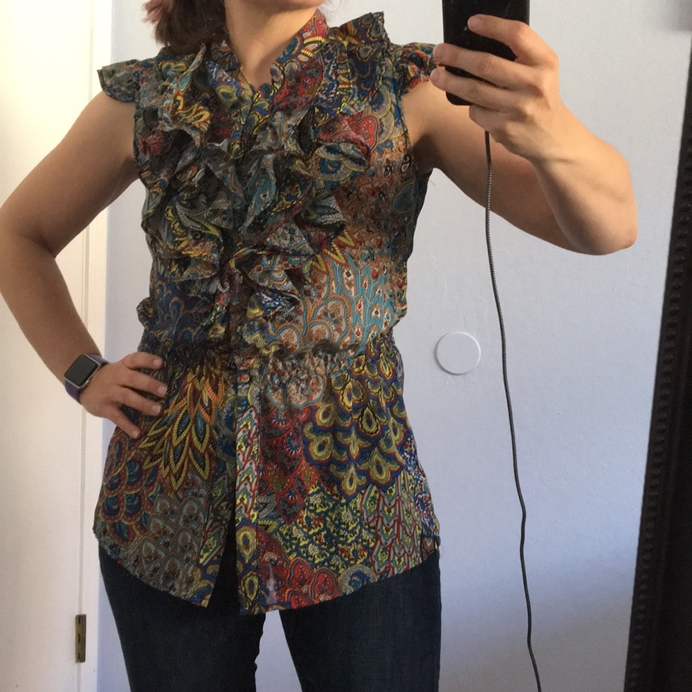 Cap Sleeve Ruffle Multicolor Blouse